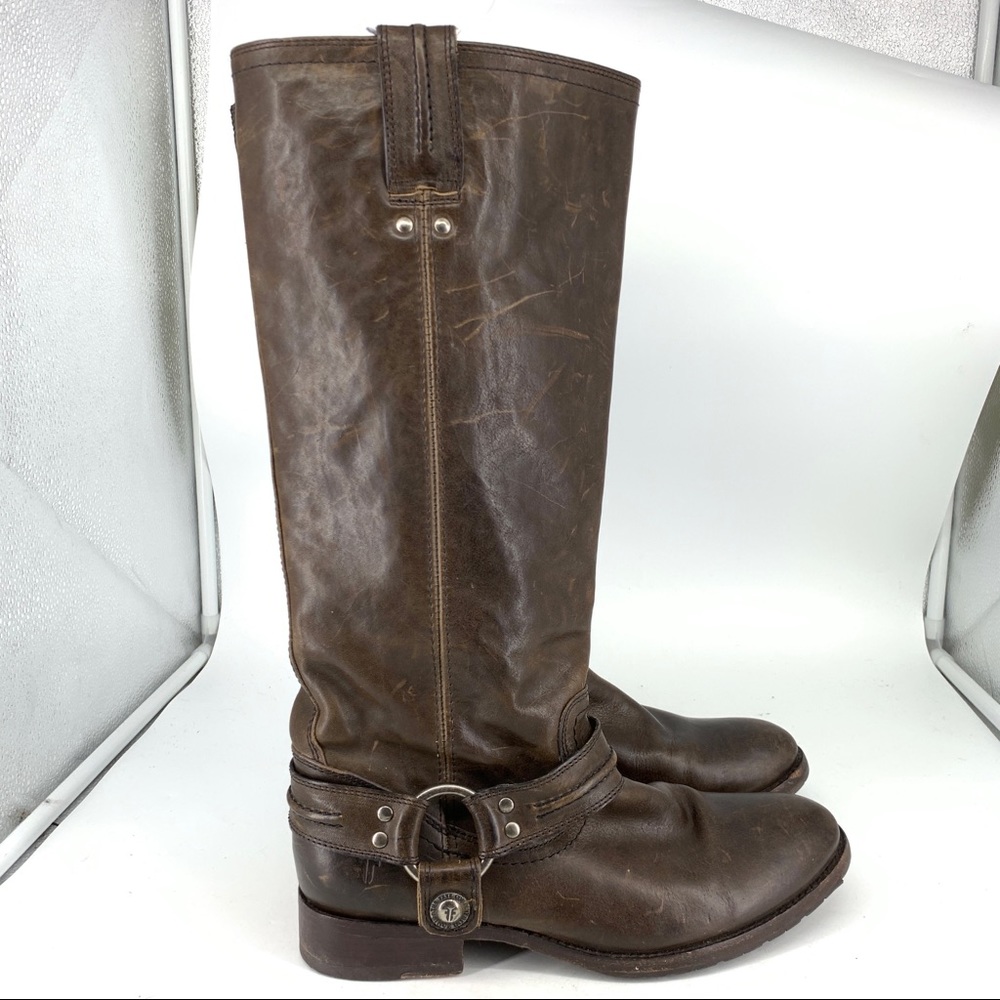 Frye Women 9 Boots Tall Knee High Shoes Brown Leather Harness Pull On Low Heel